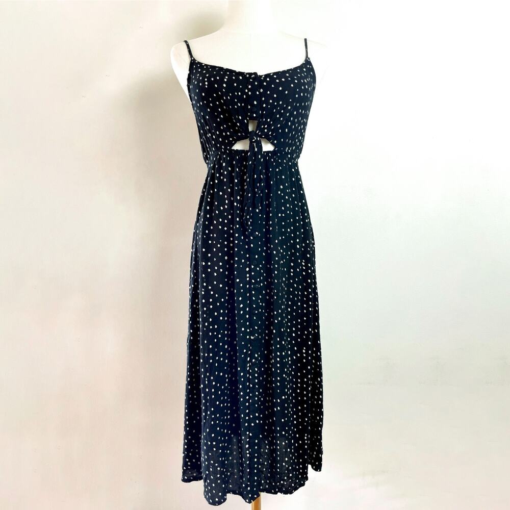 Black White Polka Dot Dres Sz XS Tie Front Cutout Button Front Parisian Romantic